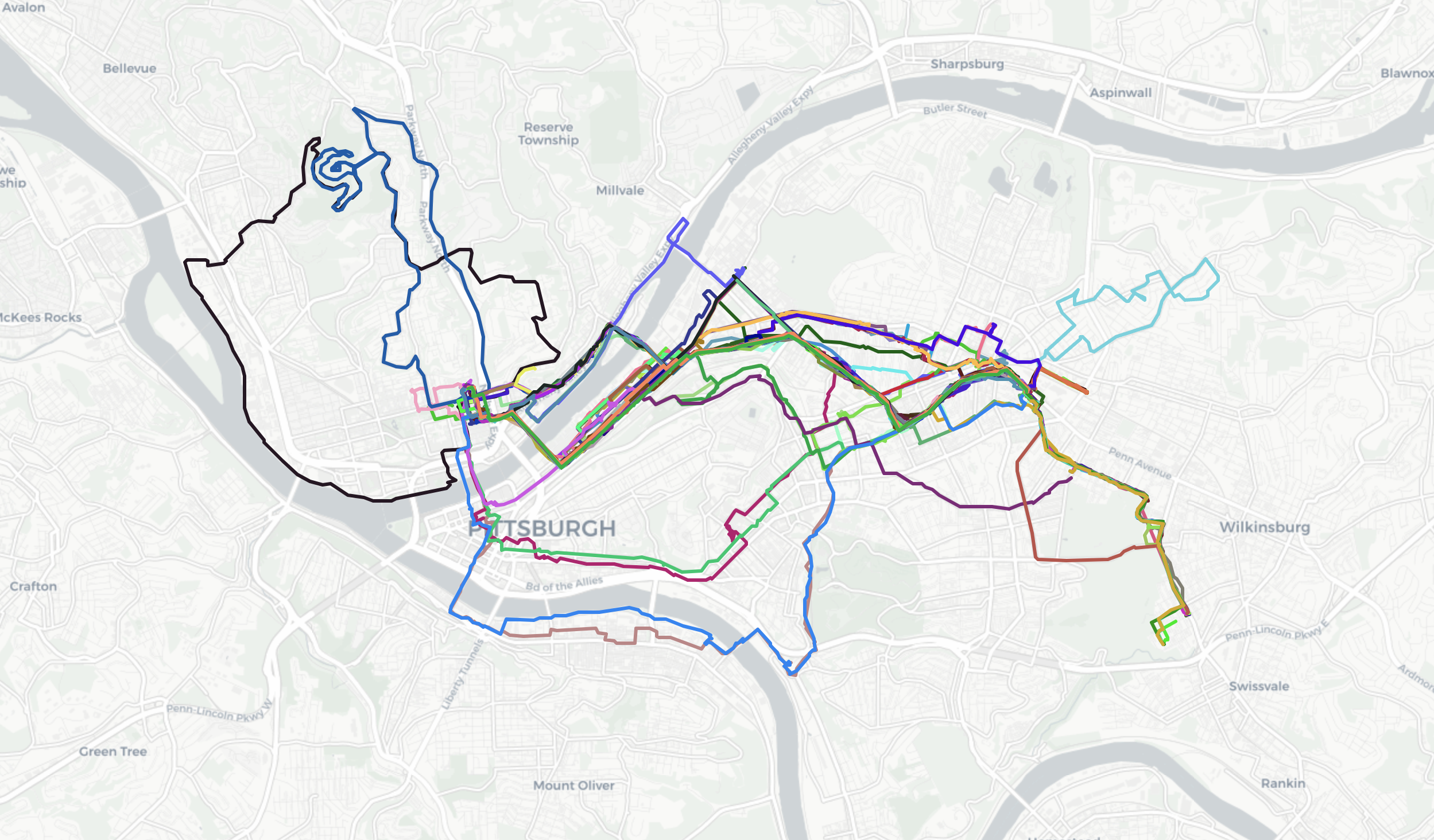 The GPS tracks of my commute plotted on the city