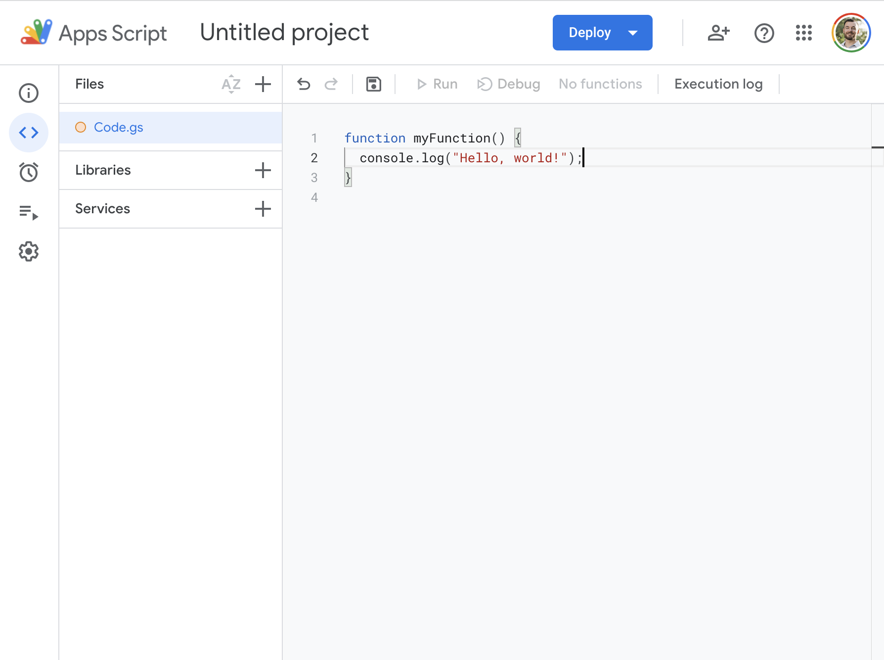 A screenshot of the Google Apps Script interface with a "Hello, world!"
script.